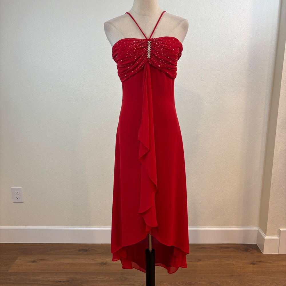 Eureka Formal Dress Womens Small Red Vintage 90s Y2K Rhinestone Gown going out